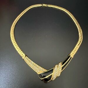 Vintage CD CHRISTIAN DIOR Gold Tone Pave Crystal Enamel Statement V Necklace 40g